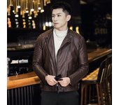 Abrigo informal de otoño con cuello levantado, chaqueta de cuero ajustada, abrigo recto a prueba de viento para hombre, chaqueta de cuero juvenil para Otoño e Invierno para hombre M