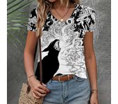 Camiseta de verano con cuello en V para mujer, tendencia de moda, ropa de manga corta, top con estampado de gato, camiseta holgada de manga corta para mujer. 8XL
