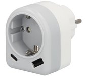 Enchufe / Adaptador Schuko con 2 Tomas, USB A / C. Potencia Maxima 3680 W. Cargador Moviles, Cargador 2 Tomas, Adaptador Moviles