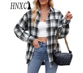 HNXC Blusas y camisas de cuello polo de manga larga con estampado a cuadros informales de moda para mujer para otoño e invierno S naranja