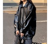 Chaqueta de cuero retro negra de primavera y otoño para mujer, chaqueta larga de motociclista con cremallera, abrigo holgado para mujer M negro