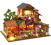 Kit de casa de muñecas en miniatura hecho a mano Moin Moin, cocina japonesa segura, estilo japonés, posada, restaurante nocturno, sushi, estanque de sandía, arce LED