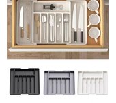 Caja de almacenamiento de vajilla, organización de clasificación retráctil, bandeja de vajilla de gran capacidad, cajón de papelería para joyería cosmética blanco