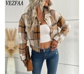 VEZFAA Chaquetas y abrigos de cuello polo de manga larga con estampado de cuadros informales a la moda para mujer para otoño e invierno S caqui