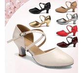 Zapatos de baile de salón estándar modernos de 5cm con tacón medio para mujeres y niñas, punta cerrada para interiores 34 beige