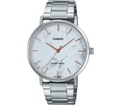 Casio Reloj analógico estándar de acero inoxidable con esfera blanca inspirada en el mármol, cuarzo, MTP-VT01DM-7A para hombre blanco
