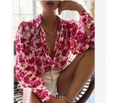 Camisa holgada informal de gasa estampada con manga farol de verano para mujer S negro