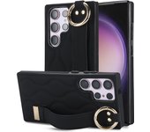 Funda con correa de mano y soporte para Samsung Galaxy S23, S24, Ultra, S22 Plus, Note 20, funda de piel vegana de moda con tacto de piel Samsung S23 Ultra negro