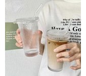 Vaso de vidrio a rayas de 375 ml con tapa y pajita, estilo japonés, elegante, para beber, leche, café, té, regalos de cumpleaños, vasos de whisky Transparent