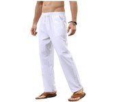 Pantalones de lino de algodón para hombre, pantalones sueltos informales, pantalones holgados de Yoga con cordón de Color sólido transpirables para hombre S azul cielo