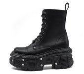 Nuevas botas de plataforma punk para mujer, estilo rock, con cordones y punta redonda, estilo retro, con decoración metálica, botas cortas. 38 negro