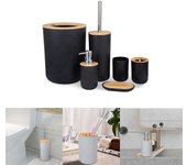 Caja dispensadora de jabón 6 unids/set accesorios de baño cepillo de baño botella de loción cepillo de dientes portavasos juego de almacenamiento de baño bote de basura plástico de bambú negro