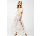 EDOLYNSA Sexy ver a través de Bikini cubierta-ups túnica de gasa Kimono largo mujeres vestido envolvente de verano ropa de playa traje de baño cubrir One Size blanco