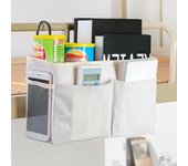 Bolsa de almacenamiento colgante para mesita de noche, revista, soporte para teléfono, organizador con gancho blanco