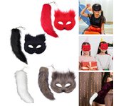 2 unids/set conjunto de cola de máscara de zorro, máscara peluda para niñas, conjunto de cola de zorro larga de piel sintética, cola de gato de Halloween, conjunto de cola de zorro y lobo negro