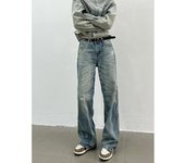 Pantalones vaqueros de color claro lavados de estilo urbano americano para hombre y mujer, de pierna recta, ligeramente acampanados, holgados y de pierna ancha, para otoño e invierno. S azul