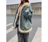 Nuevo diseño de otoño/invierno, abrigo con Cuello de piel de mezclilla a la moda, empalmado con abrigo de algodón con cuello de Clip Vintage S