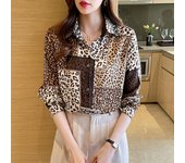 Camisa de satén de estilo coreano para mujer, Top informal de manga larga con retales de leopardo, cuello tipo Polo, primavera XL café