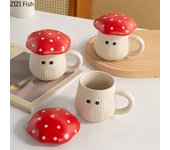 Bonita taza con tapa de hongo rojo, estilo nórdico, para desayuno, leche, té de la tarde, café de cerámica, regalo para novias. 390ml
