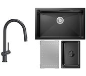 Fregadero de cocina bajo encimera de 70 x 44 cm con escurridor y grifo mezclador extraíble, color negro