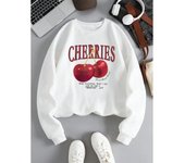Sudadera de moda para mujer, con estampado de cerezas rojas frescas, cuello redondo, forro polar, suave y transpirable, ropa de calle de otoño para mujer S blanco