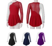 Ropa de baile para niñas, vestidos de patinaje de Color en contraste con decoración de diamantes de imitación y cuello redondo de manga larga 7-8 Years púrpura