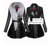 Gabardina de cuero de longitud media para mujer de invierno y abrigo de algodón piel sintética delgada con cuello de piel de zorro sintética S rojo