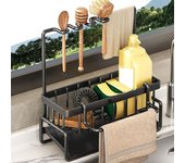 Soporte para esponja para fregadero de cocina con bandeja de drenaje, resistente a la corrosión, fácil de instalar, soporte para toallas, escurridor de cepillos, organizador de cocina gris