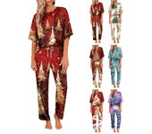Conjunto de pijama de satén de seda helada con estampado navideño para mujer, conjunto de camisa de manga corta y pantalones de pijama largos, ropa suave para el hogar M púrpura