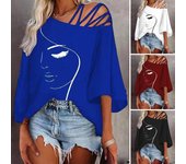 Mujeres Primavera Verano Tops Tiras Cuello Sesgado Manga 3/4 Cara Impresión Blusa Suelta Camiseta Streetwear 2XL azul royal