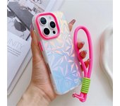 Funda de lujo con cordón de diamantes Aurora para iPhone 16, 15, 14, 13 Pro Max, 12, 11, 16 Plus, correa de muñeca láser colorida, cubierta a prueba de golpes iPhone 11 blanco