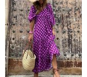 Vestido largo con cuello en V y mangas abullonadas 3/4 para mujer, vestido largo bohemio con estampado Floral y costuras, dobladillo fluido, vestido largo holgado para playa, vestido veraniego informal L verde