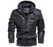 Chaqueta de cuero informal para hombre, abrigo de bombardero de motocicleta de cuero sintético a prueba de viento cálido, chaquetas de piloto con capucha de cuero de PU a la moda, talla europea S negro