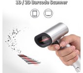 Escáner de código de barras 2D 1D QR con pantalla y base de carga 3 en 1 BT y 2,4 GHz inalámbrico y cableado plata