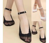 1 par de calcetines de encaje de perlas para mujer, calcetines invisibles antideslizantes transpirables, calcetines de bailarina de barco de corte bajo, calcetín bajo transparente One Size negro