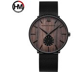 Reloj informal negro de madera artesanal para hombre, relojes de cuarzo de lujo de marca a la moda