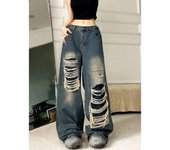 2024 nuevos pantalones vaqueros rotos para mujer, moda coreana, pantalones casuales sueltos de cintura alta, pantalones vaqueros holgados góticos para mujer, pantalones vaqueros de calle S negro