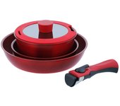 Bestco - Sartén de cristal IH Delicious Sine Volt, olla, tapa, asa, juego de 5 piezas, color rojo, compatible, NM-142 rojo