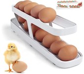 Organizador de almacenamiento con soporte para huevos con desplazamiento automático, caja dispensadora de huevos enrollable para refrigerador, contenedor para huevos de cocina blanco