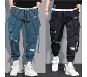Pantalones Cargo Para Hombre, Moda Hip Hop, Pantalones multibolsillos, ropa de calle de moda, Pantalones de chándal sólidos, Pantalones Casuales Para Hombre XXXL azul