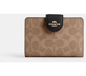 Coach Cartera mediana con cremallera en las esquinas en lona distintiva dorada, marrón y negra One Size