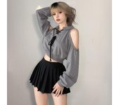 Camiseta con hombros descubiertos y encaje vintage con cuello polo calado, sudadera de manga larga, tops cortos ajustados coreanos para mujer, camiseta informal Y2k S gris