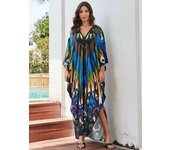 EDOLYNSA Traje de baño Cover-up Tallas grandes Kaftan Bohemio Impreso Cuello en V Manga de murciélago Maxi Vestido Mujer Ropa de playa One Size azul