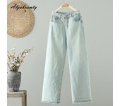 Pantalones vaqueros básicos sólidos de estilo coreano para mujer, de cintura alta, de algodón lavado, color azul claro, holgados, vintage, rectos, para primavera y otoño de 2025 M