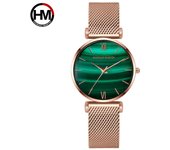 Relojes originales para mujer, relojes de pulsera impermeables de oro rosa esmeralda con movimiento de cuarzo japonés a la moda