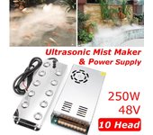 Humidificador nebulizador industrial ultrasónico de 250W y 10 cabezales + fuente de alimentación