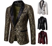 Hombres Blazer Jacquard Un Solo Botón Otoño Invierno Bolsillos Solapa Traje Abrigo Boda XL oro