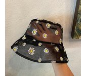 Sombrero de pescador con margaritas bordadas para mujer, sombrero de pescador de encaje de malla transparente, sombrero para el sol al aire libre de verano a la moda 56-58cm negro