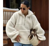 Sudadera informal de cuello polo de polar para mujer, chaqueta holgada de manga larga con media cremallera y bolsillo, ropa de abrigo cálida y acogedora de color sólido para otoño e invierno S beige