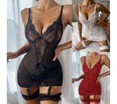 Camisón de lencería Sexy de encaje para mujer, Tanga transparente, liguero, cinturón, ropa de dormir L blanco